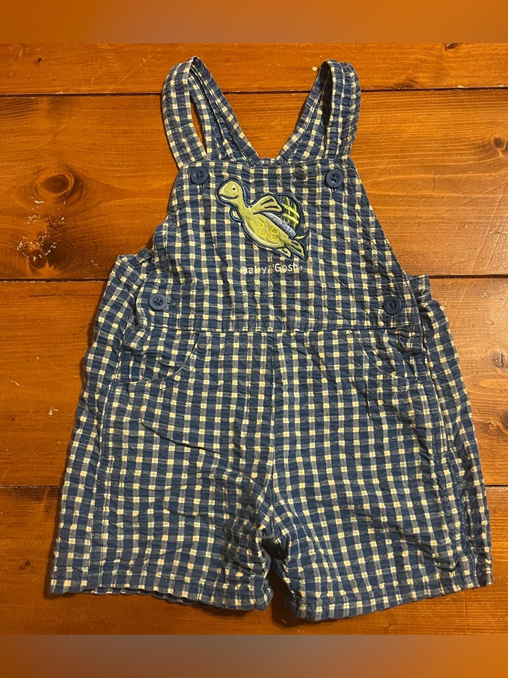 OshKosh B’Gosh Embroidered Turtle Blue Plaid Summer Overalls Romper Size 18 mo